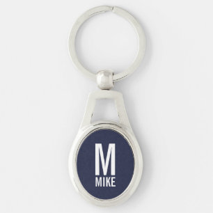 Navy Blue Modern Personalised Monogram and Name Key Ring