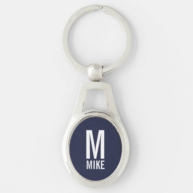 Navy Blue Modern Personalised Monogram and Name  Key Ring (Front)