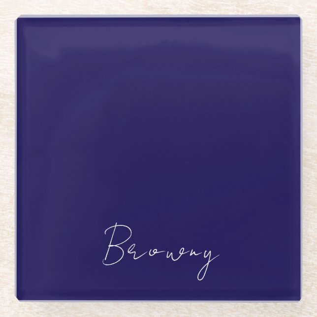 Navy Blue Modern Personalized Name Calligraphy  Glass Coaster (Front)