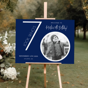 Navy Blue Modern Photo 70th Birthday Welcome Sign