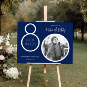 Navy Blue Modern Photo 80th Birthday Welcome Sign
