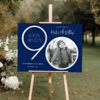 Navy Blue Modern Photo 90th Birthday Welcome Sign