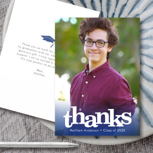 Navy blue modern photo graduation bold typography thank you card