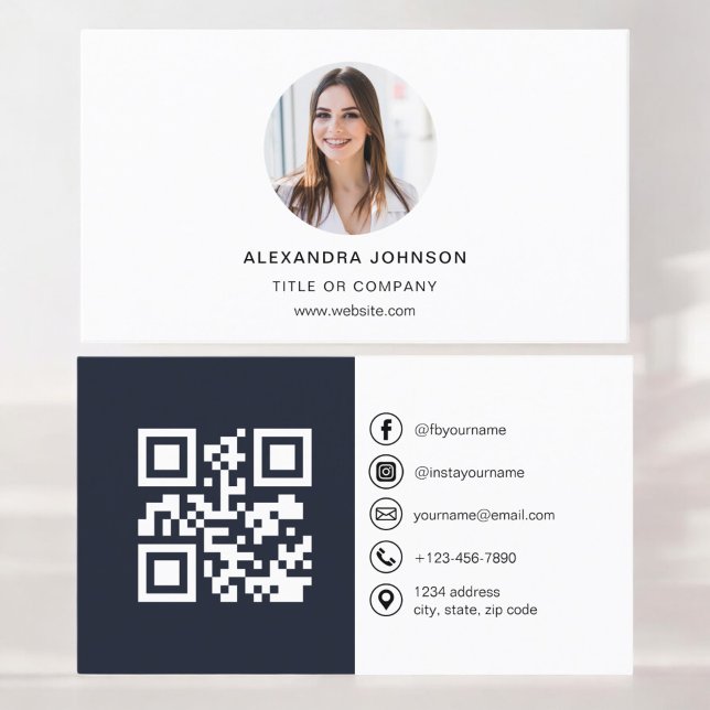 Navy Blue Modern Photo with QR Code Social Media Business Card (Creator Uploaded)
