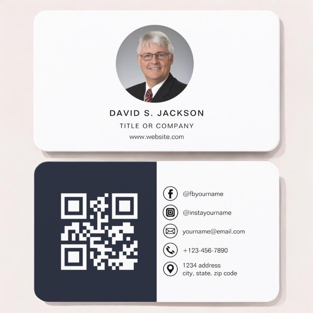 Navy Blue Modern Photo with QR Code Social Media Business Card (Creator Uploaded)