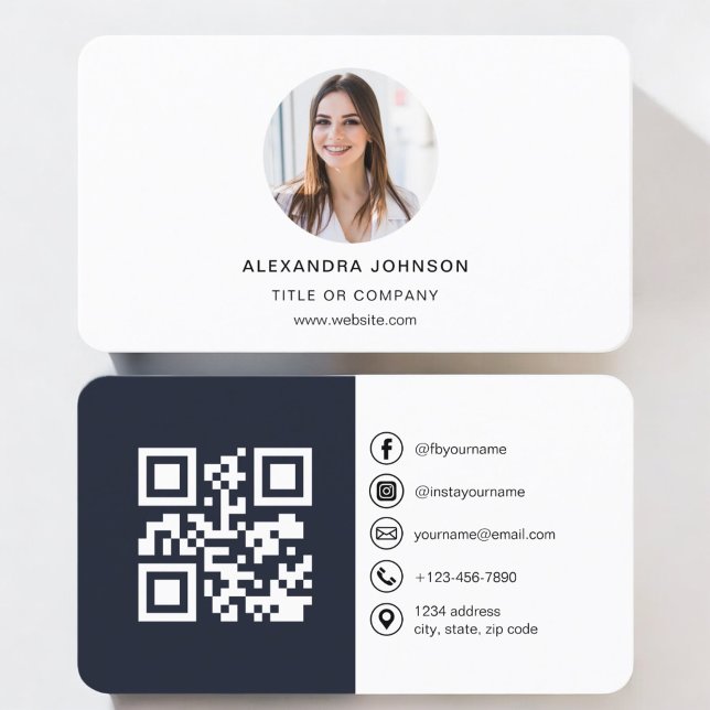 Navy Blue Modern Photo with QR Code Social Media Business Card (Creator Uploaded)