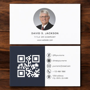 Navy Blue Modern Photo with QR Code Social Media Business Card