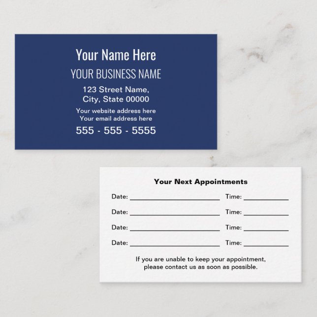 Navy Blue Modern Professional Appointment Card (Front/Back)