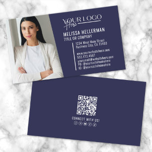 Navy Blue Modern Professional QR Code Photo Logo Business Card