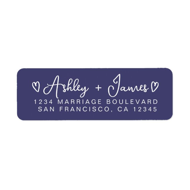 Navy Blue Modern Script Hearts Return Address (Front)