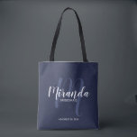 Navy Blue Modern Script Personalised Bridesmaids Tote Bag<br><div class="desc">Add a personal touch to your wedding with personalised bridesmaids gift tote bag. This tote bag features personalised bridesmaid's name in white modern script font style and monogram in light navy blue modern script font style as background with title and wedding date in white modern sans serif font style on...</div>