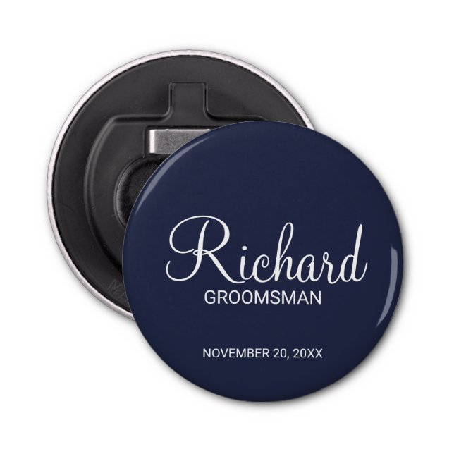 Navy Blue Modern Script Personalised Groomsman Bottle Opener (Front)