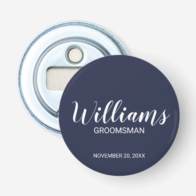 Navy Blue Modern Script Personalised Groomsman Bottle Opener (Front)