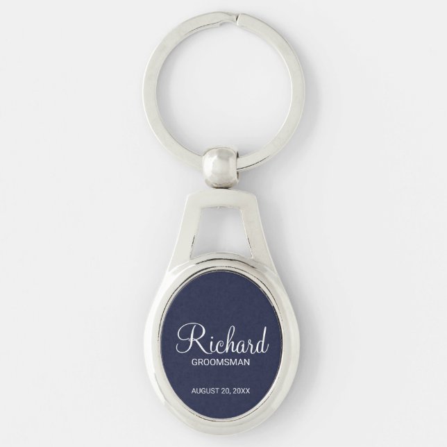 Navy Blue Modern Script Personalised Groomsman Key Ring (Front)