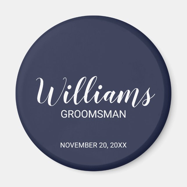 Navy Blue Modern Script Personalised Groomsman Magnet (Front)