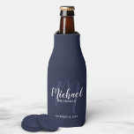 Navy Blue Modern Script Personalised Groomsmen Bottle Cooler<br><div class="desc">Add a personal touch to your wedding with personalised groomsmen bottle cooler. This bottle cooler features personalised groomsmen's name in white modern script font style and monogram in light blue modern script font style as background with title and wedding date in white modern sans serif font style on navy blue...</div>