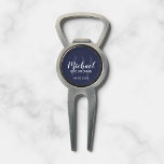 Navy Blue Modern Script Personalised Groomsmen Divot Tool<br><div class="desc">Add a personal touch to your wedding with personalised groomsmen divot tool. This divot tool features personalised groomsmen's name in white modern script font style and monogram in light navy blue modern script font style as background with title and wedding date in white modern sans serif font style on navy...</div>