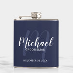 Navy Blue Modern Script Personalised Groomsmen Hip Flask<br><div class="desc">Add a personal touch to your wedding with personalised groomsmen flask. This flask features personalised groomsmen's name in white modern script font style and monogram in light blue modern script font style as background with title and wedding date in white modern sans serif font style on navy blue background. Also...</div>