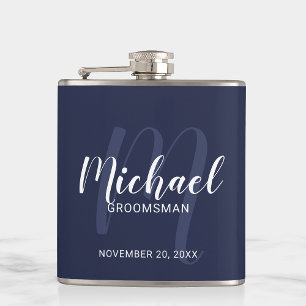 Navy Blue Modern Script Personalised Groomsmen Hip Flask