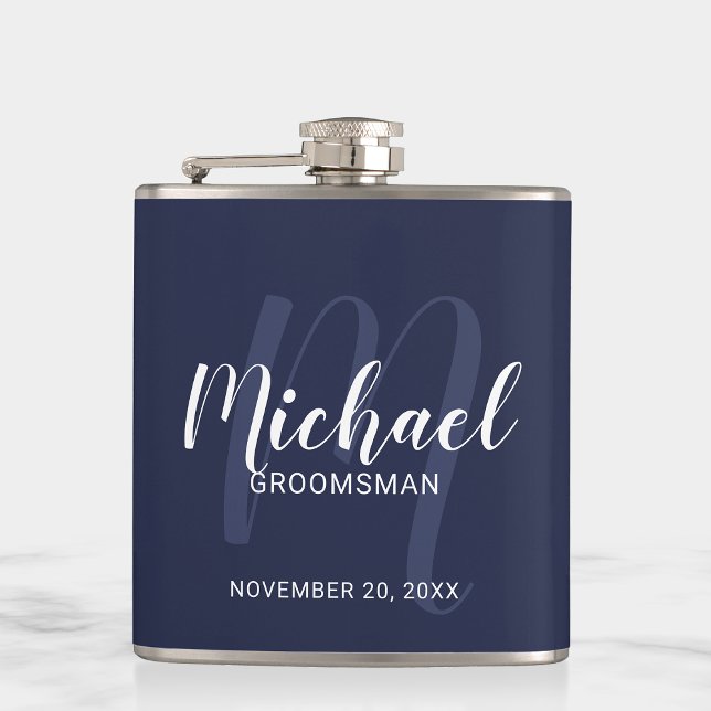 Navy Blue Modern Script Personalised Groomsmen Hip Flask (Creator Uploaded)