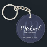 Navy Blue Modern Script Personalised Groomsmen Key Ring<br><div class="desc">Add a personal touch to your wedding with personalised groomsmen keychain. This keychain features personalised groomsmen's name in white modern script font style and monogram in light navy blue modern script font style as background with title and wedding date in white modern sans serif font style on navy blue background....</div>