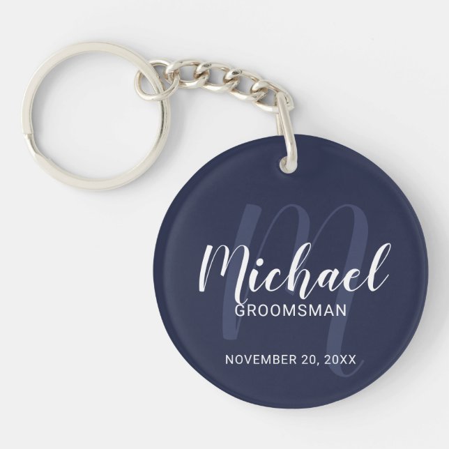 Navy Blue Modern Script Personalised Groomsmen Key Ring (Front)