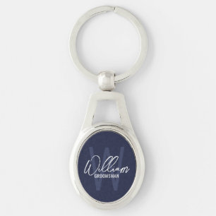 Navy Blue Modern Script Personalised Groomsmen Key Ring