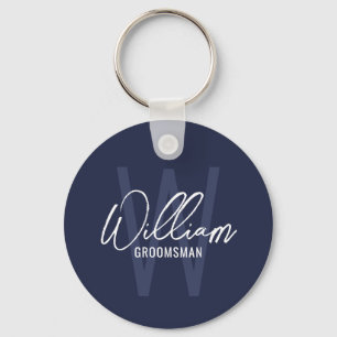 Navy Blue Modern Script Personalised Groomsmen Key Ring