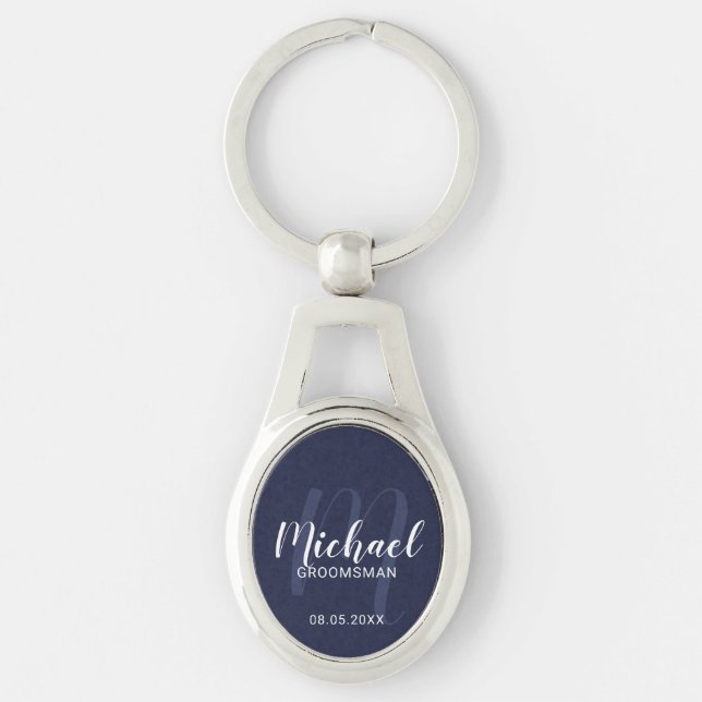 Navy Blue Modern Script Personalised Groomsmen Key Ring (Front)