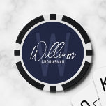 Navy Blue Modern Script Personalised Groomsmen Poker Chips<br><div class="desc">Modern Minimalist Personalised Monogram and Name Gifts This design features personalised name in white modern handwriting script font style and monogram in light navy blue modern sans serif font style as background, with title in white modern sans serif font style, on navy blue background. Also perfect for best man, maid...</div>