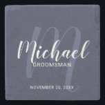 Navy Blue Modern Script Personalised Groomsmen Stone Coaster<br><div class="desc">Add a personal touch to your wedding with personalised groomsmen stone coaster. This coaster features personalised groomsmen's name in white modern script font style and monogram in light blue modern script font style as background with title and wedding date in white modern sans serif font style on navy blue background....</div>