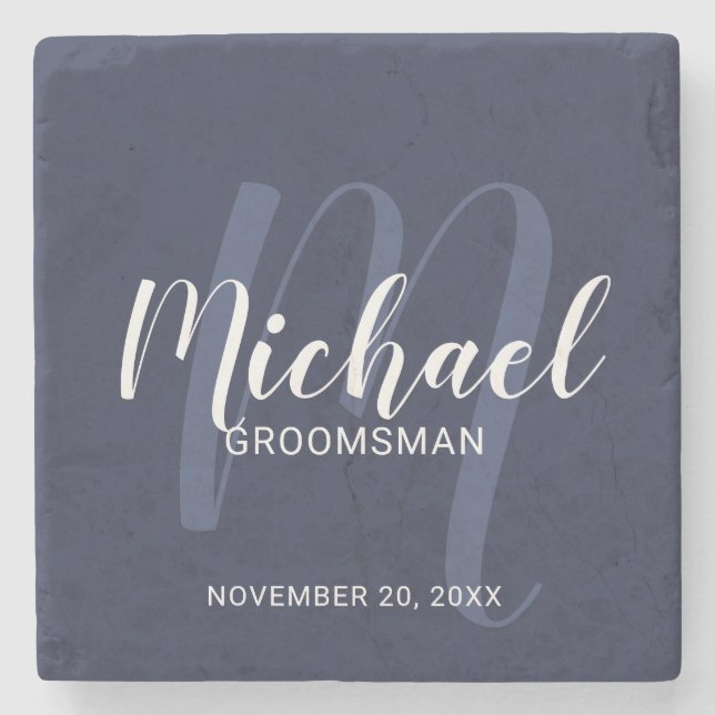 Navy Blue Modern Script Personalised Groomsmen Stone Coaster (Front)