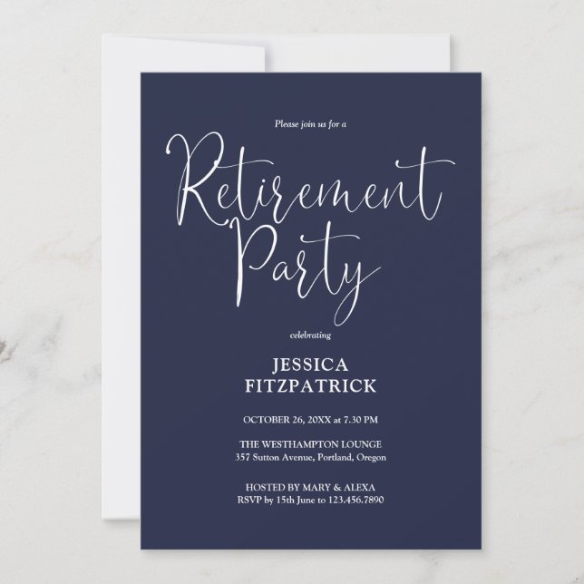 Navy Blue Modern Script Retirement Party Invitation (Front)