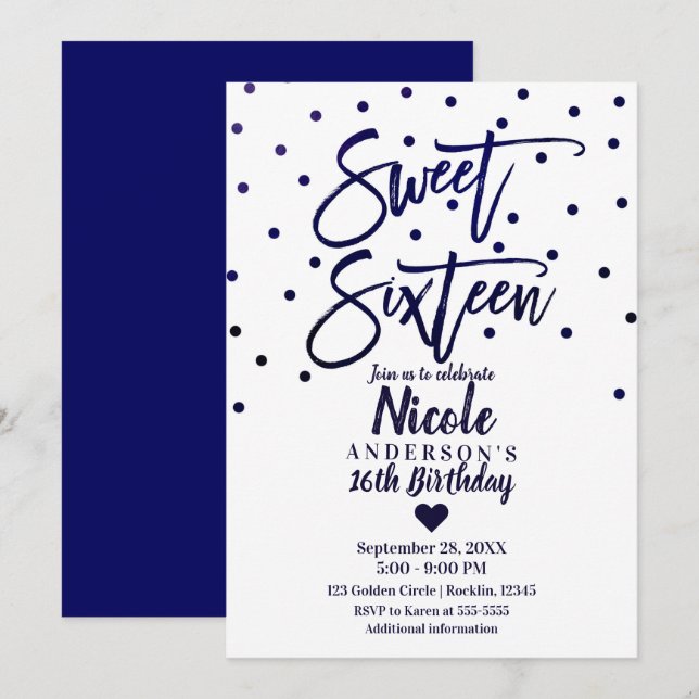 Navy Blue Modern Script Sweet 16 Sixteen Invitation (Front/Back)