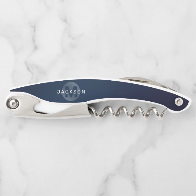 Navy blue modern simple personalised monogram corkscrew (Front)
