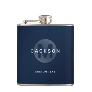 Navy blue modern simple personalised monogram hip flask