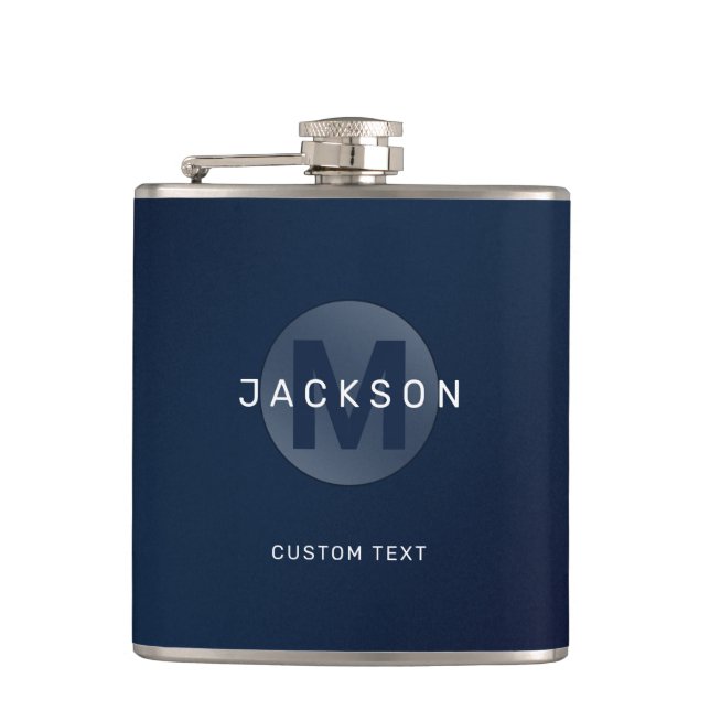 Navy blue modern simple personalised monogram hip flask (Front)