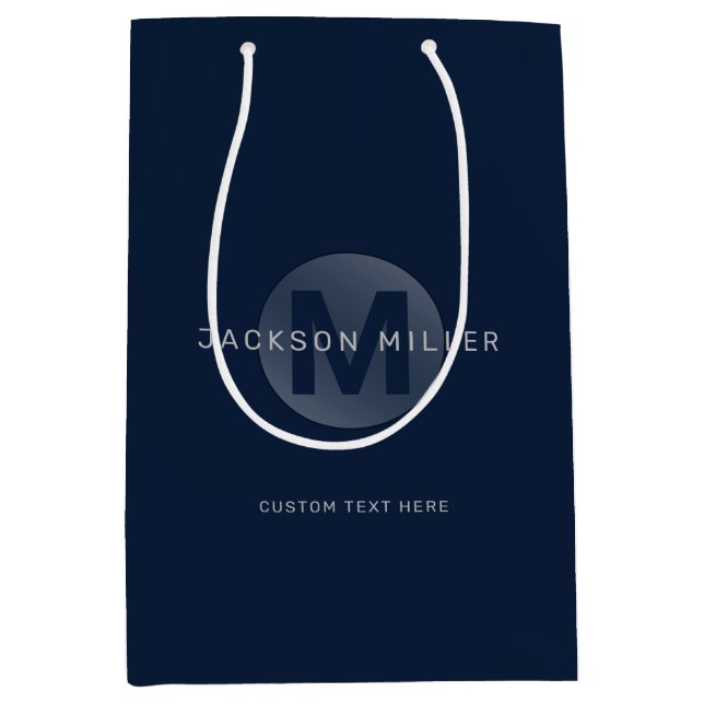 Navy blue modern simple personalised monogram medi medium gift bag (Front)