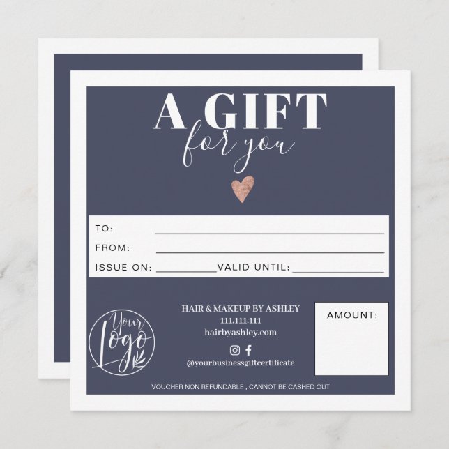Navy blue modern square gift certificate logo (Front/Back)