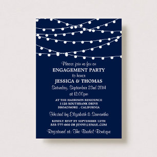 Navy Blue Modern String Lights Engagement Party Invitation