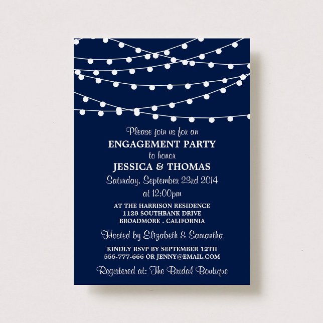 Navy Blue Modern String Lights Engagement Party Invitation (Creator Uploaded)