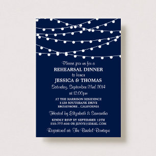 Navy Blue Modern String Lights Rehearsal Dinner Invitation