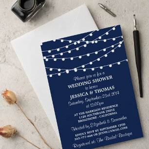 Navy Blue Modern String Lights Wedding Shower Invitation