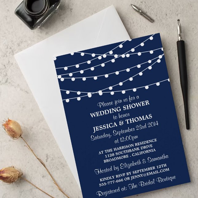 Navy Blue Modern String Lights Wedding Shower Invitation (Creator Uploaded)