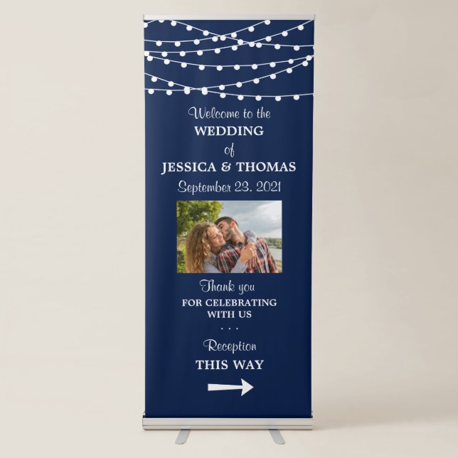 Navy Blue Modern String Lights Wedding Welcome Retractable Banner (Front)