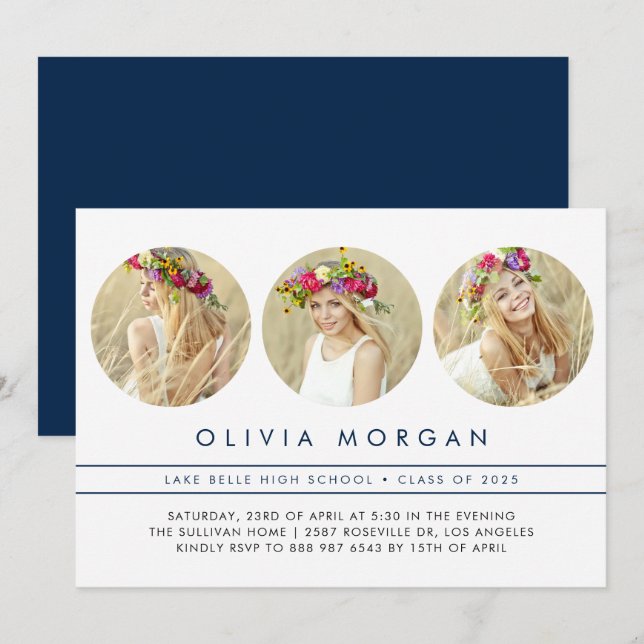 Navy Blue Modern Three Photo Collage Graduation Invitation (Front/Back)
