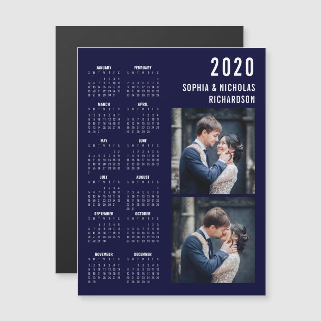 Navy Blue Modern Two Photo 2020 Calendar Magnet (Front/Back)