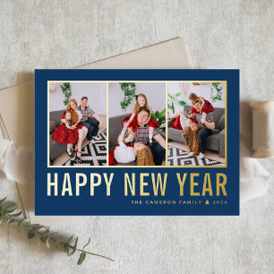 Navy Blue Modern Typography Photo Collage New Year Foil Holiday Card