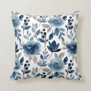 Navy Blue Modern Watercolor Floral Print Pattern Cushion
