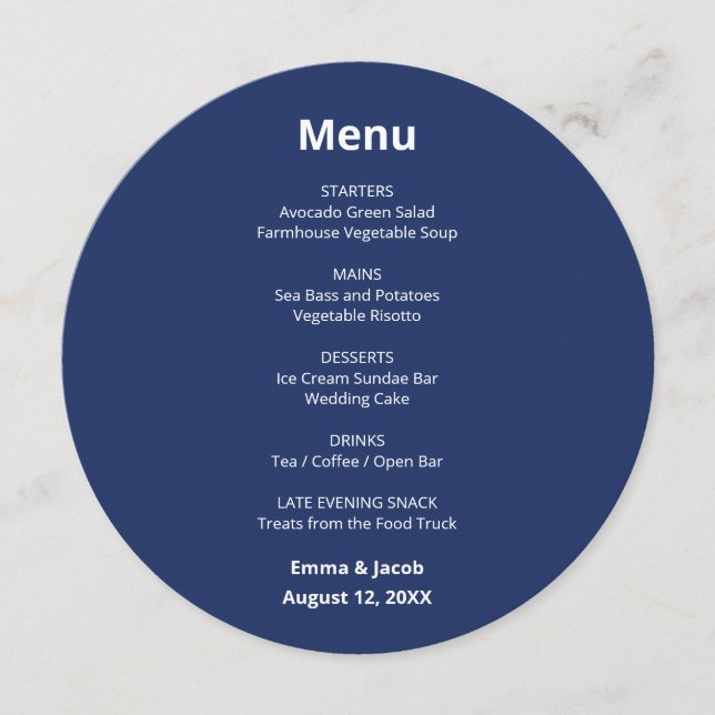 Navy Blue Modern Wedding Round Menu (Front)